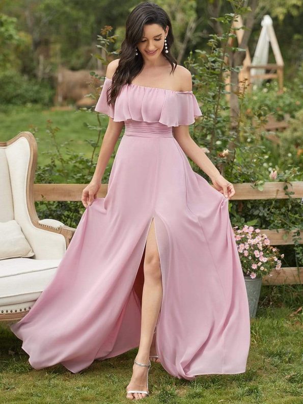 Women's Off Shoulder Ruffle Thigh Slit Bridesmaid Dresses - Mauve