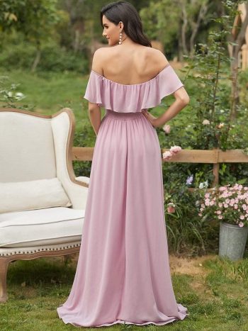 Women's Off Shoulder Ruffle Thigh Slit Bridesmaid Dresses - Mauve