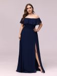 Plus Size Off the Shoulder Formal Bridesmaid Dress with Thigh Split – Navy Blue