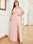 Women’s Off Shoulder Ruffle Thigh Slit Bridesmaid Dresses – Pink