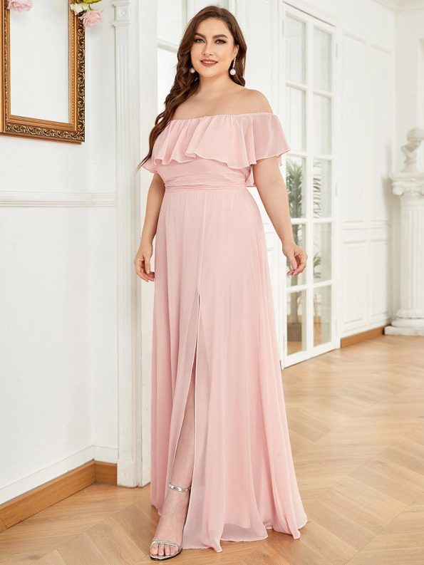 Women's Off Shoulder Ruffle Thigh Slit Bridesmaid Dresses - Pink