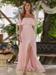 Women’s Off Shoulder Ruffle Thigh Slit Bridesmaid Dresses – Pink