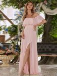 Women’s Off Shoulder Ruffle Thigh Slit Bridesmaid Dresses – Pink