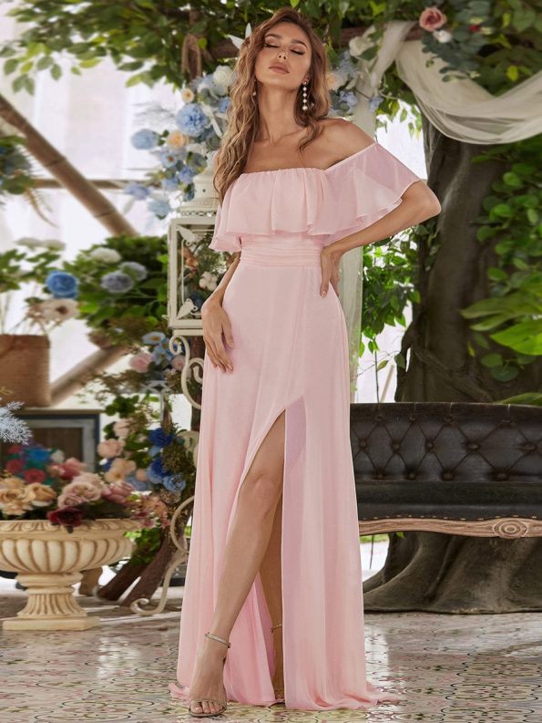 Women's Off Shoulder Ruffle Thigh Slit Bridesmaid Dresses - Pink