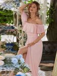 Women’s Off Shoulder Ruffle Thigh Slit Bridesmaid Dresses – Pink