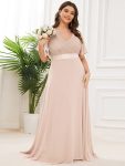 Long Empire Waist Bridesmaid Dress with Short Flutter Sleeves – Blush