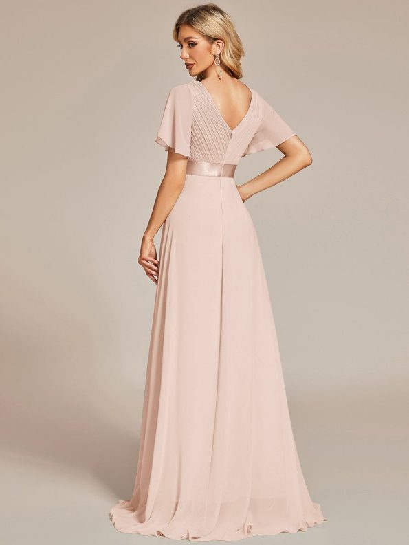 Long Empire Waist Bridesmaid Dress with Short Flutter Sleeves - Blush