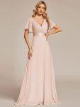 Long Empire Waist Bridesmaid Dress with Short Flutter Sleeves - Blush