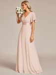 Long Empire Waist Bridesmaid Dress with Short Flutter Sleeves – Blush