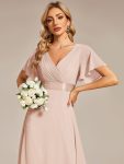 Long Empire Waist Bridesmaid Dress with Short Flutter Sleeves – Blush