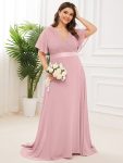 Long Empire Waist Bridesmaid Dress with Short Flutter Sleeves – Dusty Rose