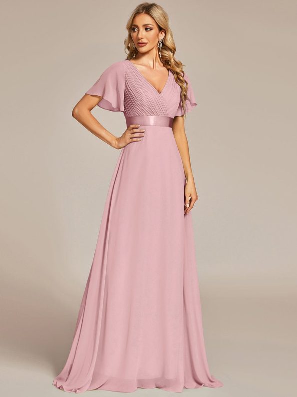 Long Empire Waist Bridesmaid Dress with Short Flutter Sleeves - Dusty Rose