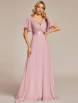 Long Empire Waist Bridesmaid Dress with Short Flutter Sleeves - Dusty Rose