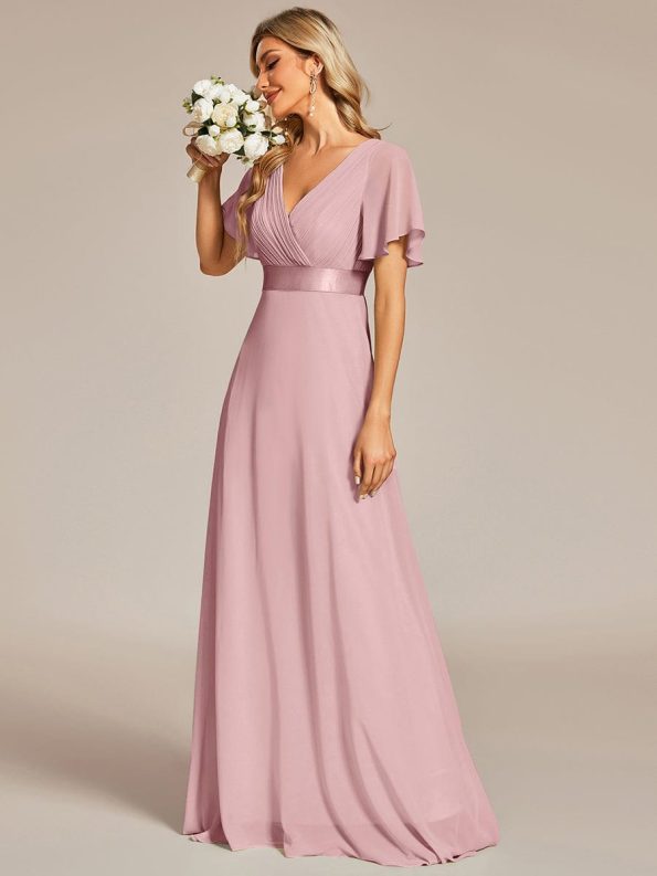 Long Empire Waist Bridesmaid Dress with Short Flutter Sleeves - Dusty Rose