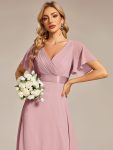 Long Empire Waist Bridesmaid Dress with Short Flutter Sleeves – Dusty Rose