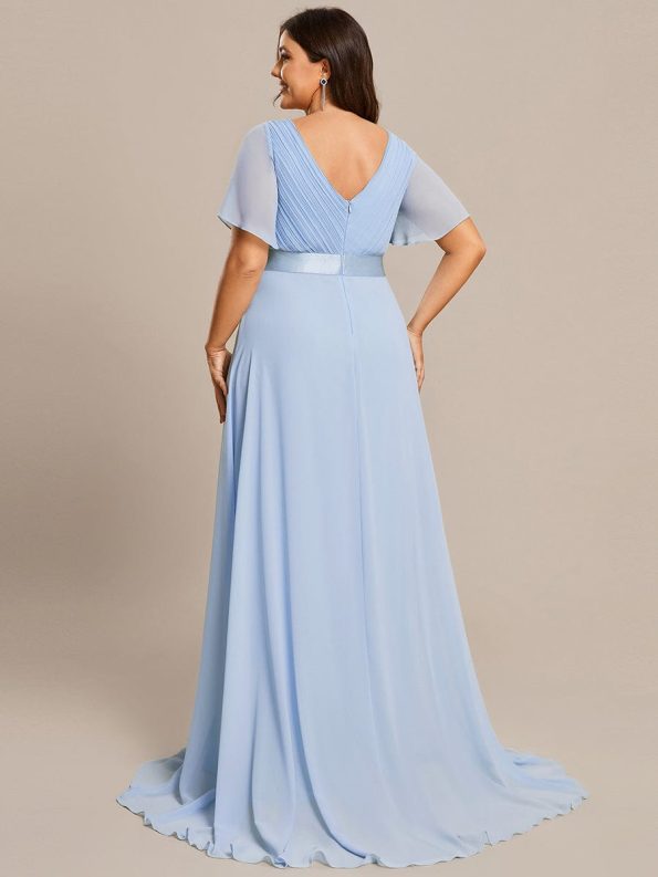 Long Empire Waist Bridesmaid Dress with Short Flutter Sleeves - Ice Blue