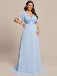 Long Empire Waist Bridesmaid Dress with Short Flutter Sleeves – Ice Blue