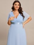 Long Empire Waist Bridesmaid Dress with Short Flutter Sleeves – Ice Blue