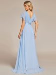 Long Empire Waist Bridesmaid Dress with Short Flutter Sleeves – Ice Blue