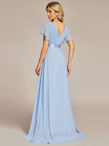 Long Empire Waist Bridesmaid Dress with Short Flutter Sleeves - Ice Blue