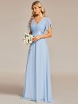 Long Empire Waist Bridesmaid Dress with Short Flutter Sleeves – Ice Blue