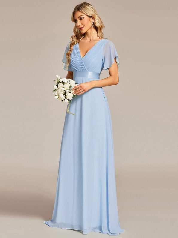 Long Empire Waist Bridesmaid Dress with Short Flutter Sleeves - Ice Blue