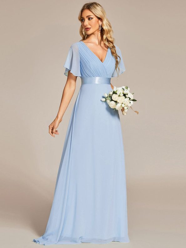 Long Empire Waist Bridesmaid Dress with Short Flutter Sleeves - Ice Blue