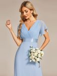 Long Empire Waist Bridesmaid Dress with Short Flutter Sleeves – Ice Blue