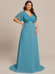 Long Empire Waist Bridesmaid Dress with Short Flutter Sleeves – Jade Blue