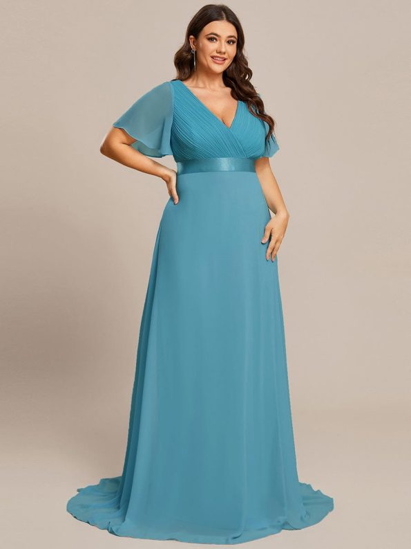 Long Empire Waist Bridesmaid Dress with Short Flutter Sleeves - Jade Blue