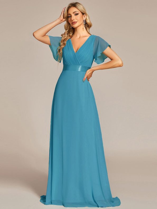 Long Empire Waist Bridesmaid Dress with Short Flutter Sleeves - Jade Blue