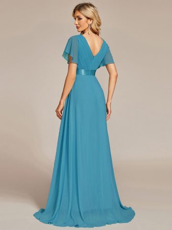 Long Empire Waist Bridesmaid Dress with Short Flutter Sleeves - Jade Blue