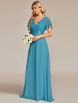 Long Empire Waist Bridesmaid Dress with Short Flutter Sleeves – Jade Blue