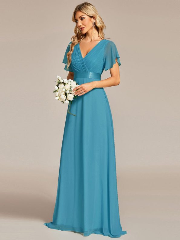 Long Empire Waist Bridesmaid Dress with Short Flutter Sleeves - Jade Blue