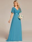 Long Empire Waist Bridesmaid Dress with Short Flutter Sleeves – Jade Blue