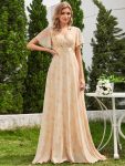 Long Empire Waist Bridesmaid Dress with Short Flutter Sleeves - Golden Roses