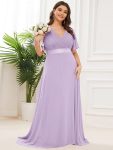 Long Empire Waist Bridesmaid Dress with Short Flutter Sleeves – Lavender