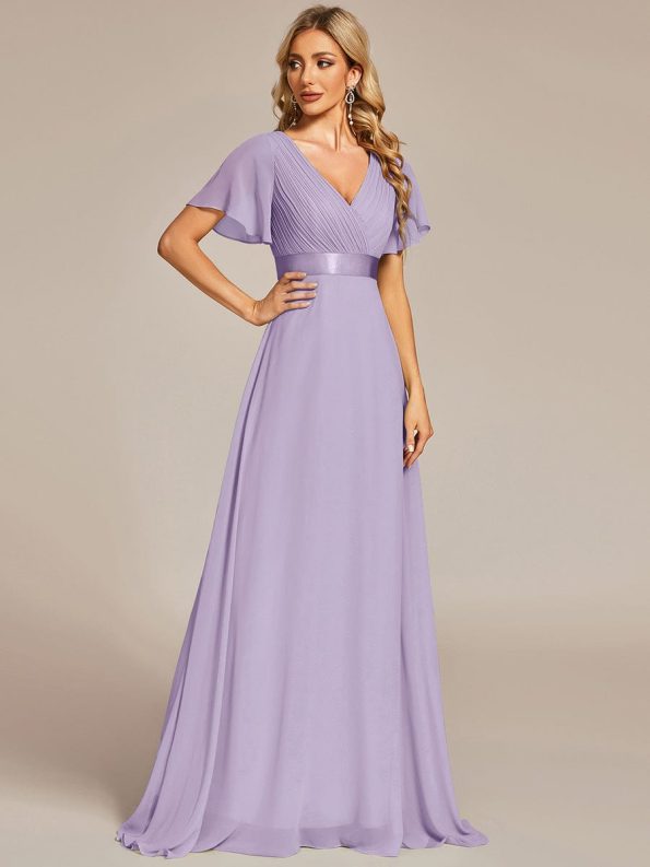 Long Empire Waist Bridesmaid Dress with Short Flutter Sleeves - Lavender