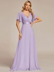 Long Empire Waist Bridesmaid Dress with Short Flutter Sleeves - Lavender