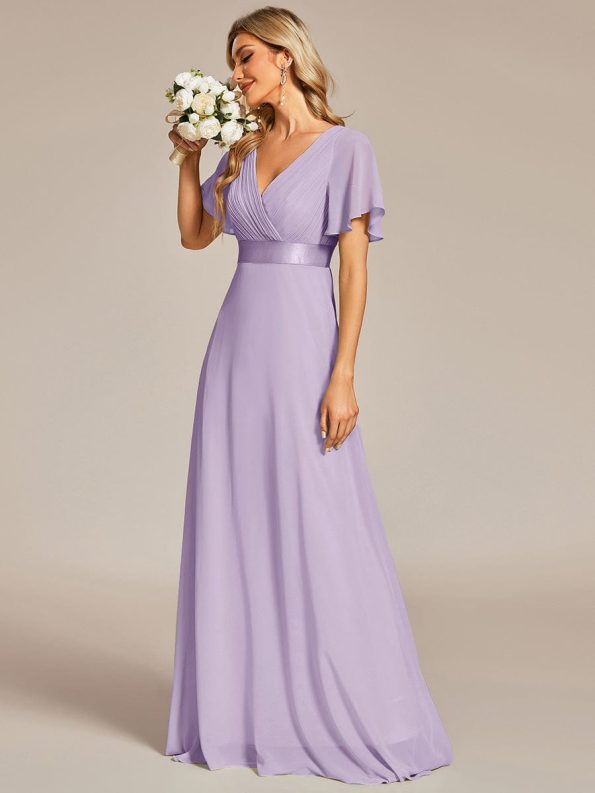 Long Empire Waist Bridesmaid Dress with Short Flutter Sleeves - Lavender