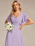 Long Empire Waist Bridesmaid Dress with Short Flutter Sleeves – Lavender