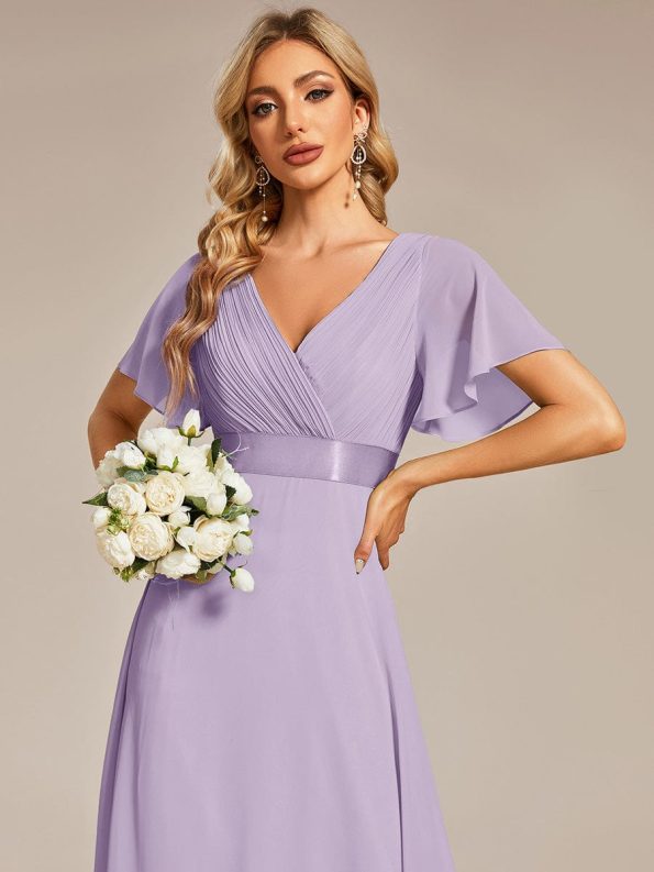 Long Empire Waist Bridesmaid Dress with Short Flutter Sleeves - Lavender