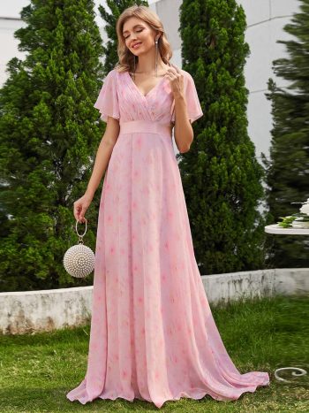 Long Empire Waist Bridesmaid Dress with Short Flutter Sleeves - Light Purple Roses