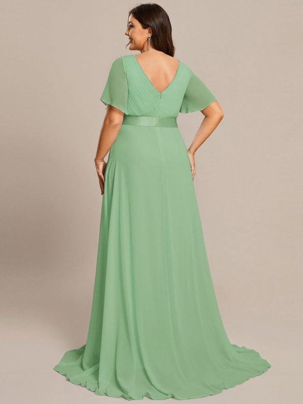 Long Empire Waist Bridesmaid Dress with Short Flutter Sleeves - Sage green