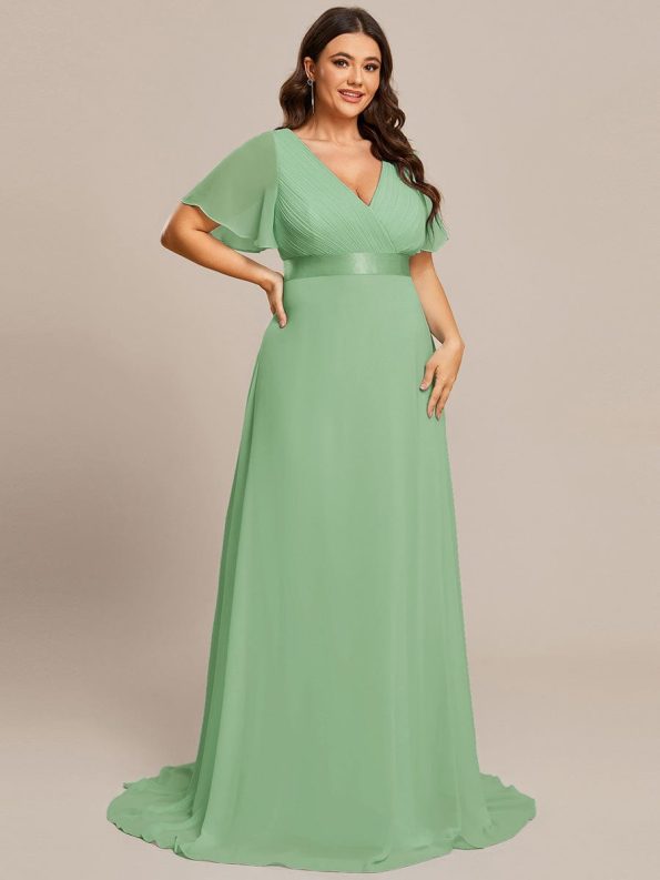 Long Empire Waist Bridesmaid Dress with Short Flutter Sleeves - Sage green