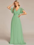 Long Empire Waist Bridesmaid Dress with Short Flutter Sleeves – Sage green