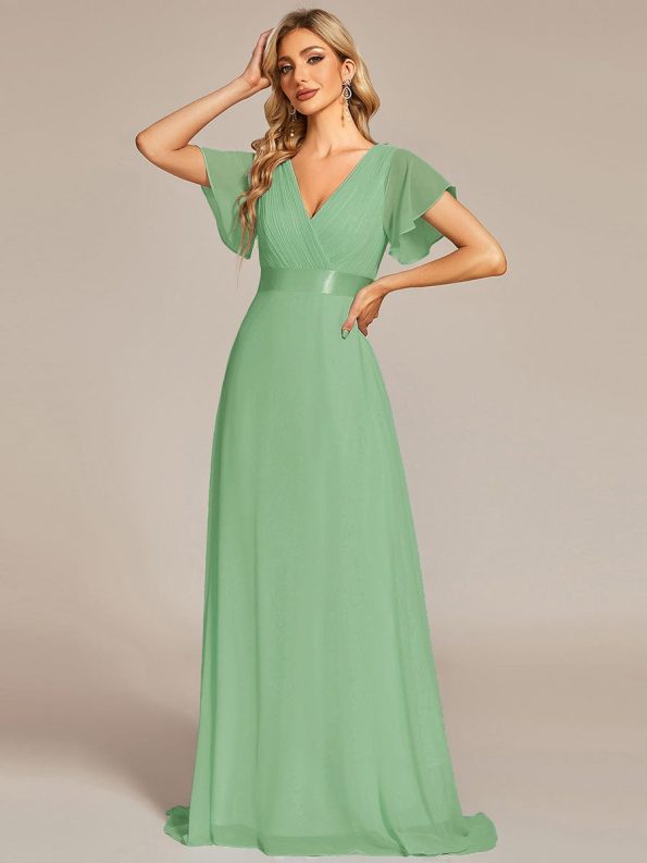 Long Empire Waist Bridesmaid Dress with Short Flutter Sleeves - Sage green