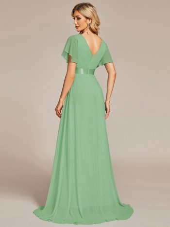 Long Empire Waist Bridesmaid Dress with Short Flutter Sleeves - Sage green