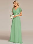 Long Empire Waist Bridesmaid Dress with Short Flutter Sleeves – Sage green