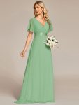 Long Empire Waist Bridesmaid Dress with Short Flutter Sleeves – Sage green